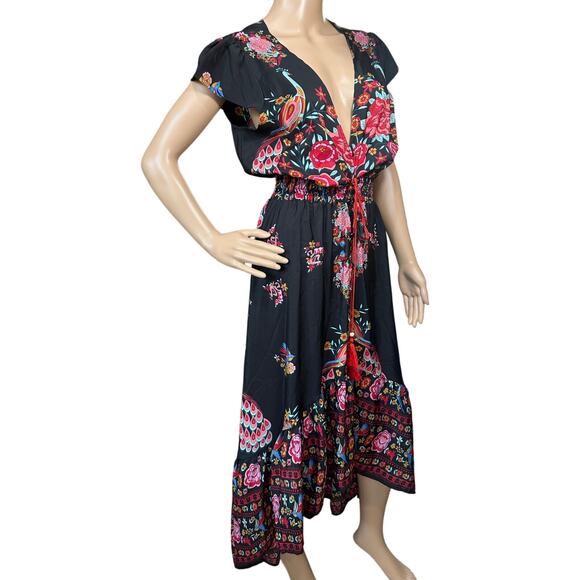 Women's Small Boho Peacock Floral V Neck Hi Low Ruffle Button Down Maxi Dress - Picture 6 of 16